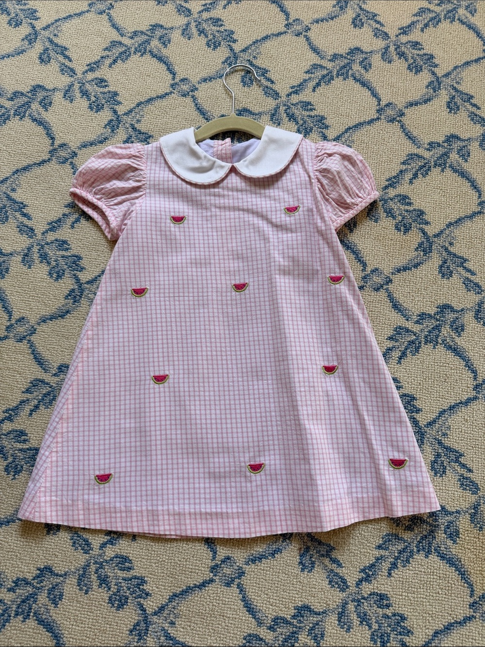 Pink Gingham Girls Dress with Watermelon Appliqués and White Peter Pan Collar